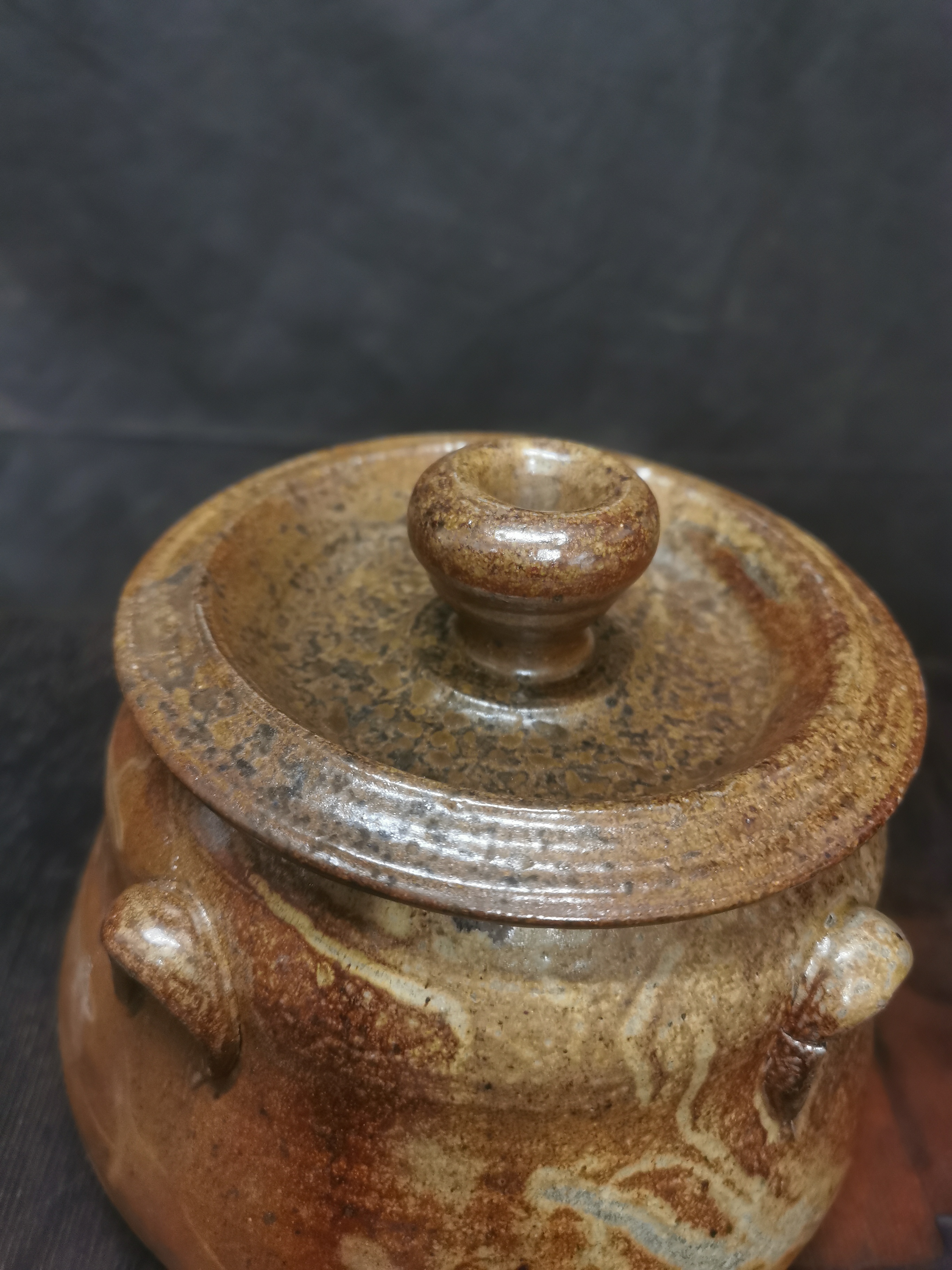Salt-glazed lidded ceramic jar - view 3