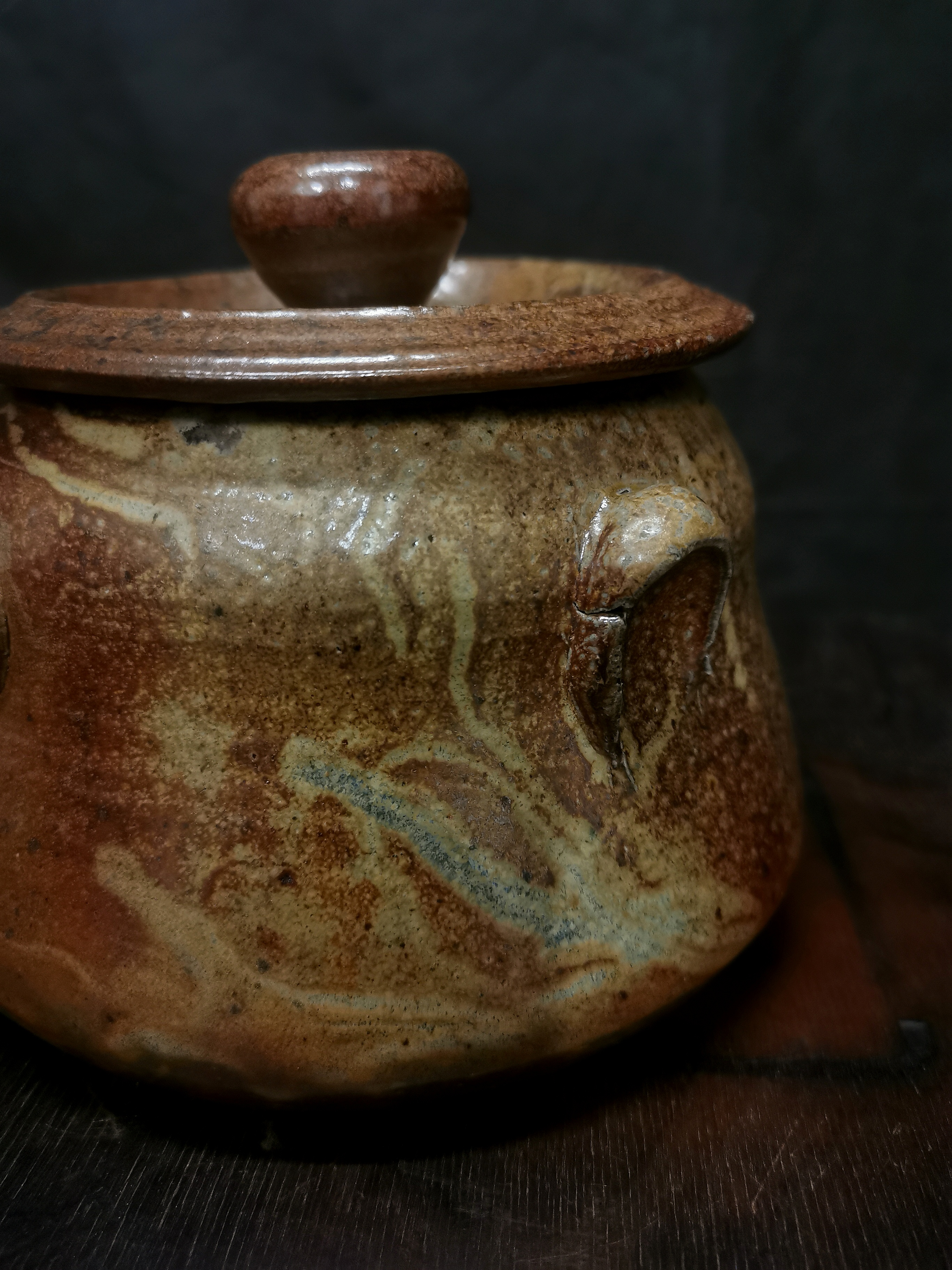 Salt-glazed lidded ceramic jar - view 2